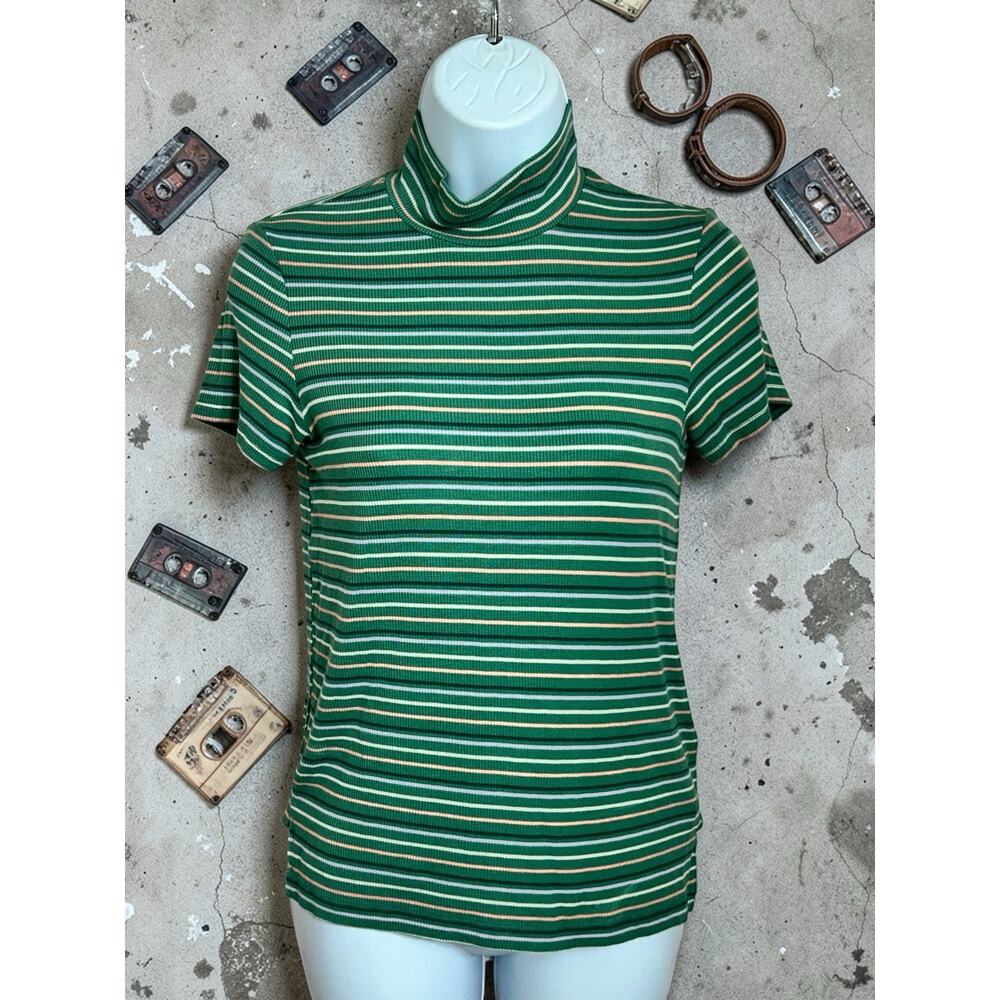 American Eagle Soft & Sexy Rib Top Sz XS Green Stiped Mock Neck Blouse Stretch